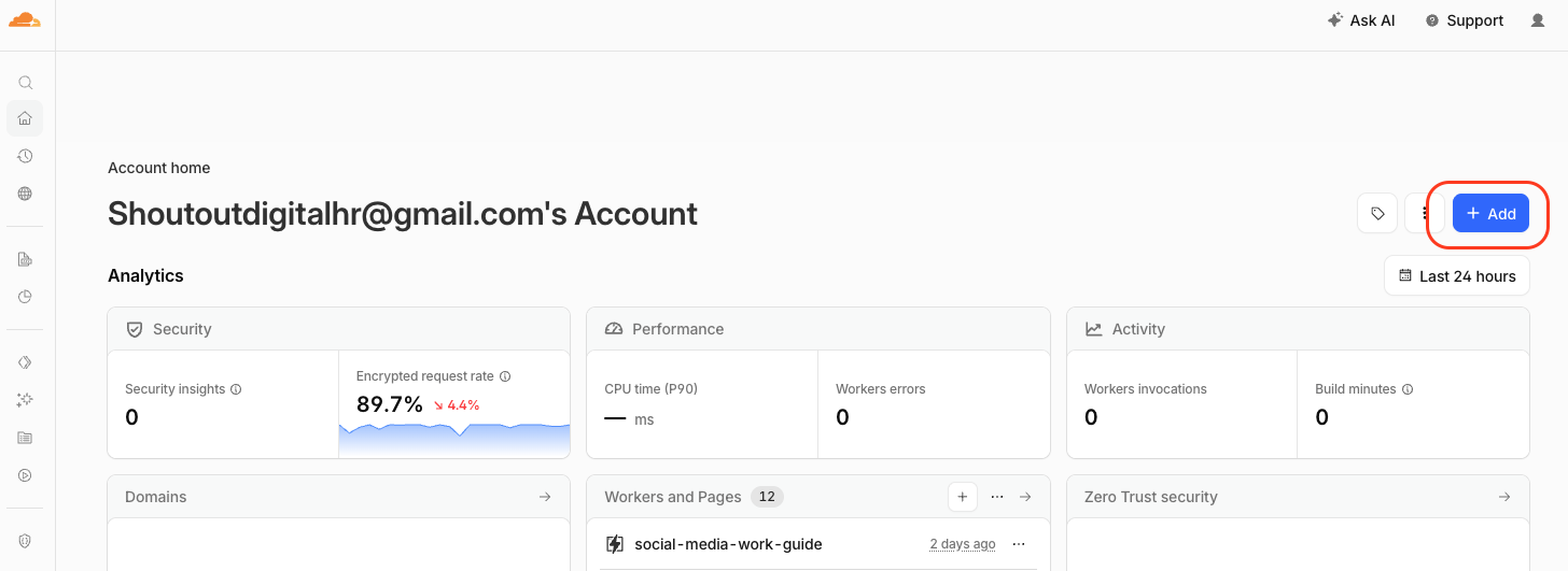 Cloudflare dashboard Add button
