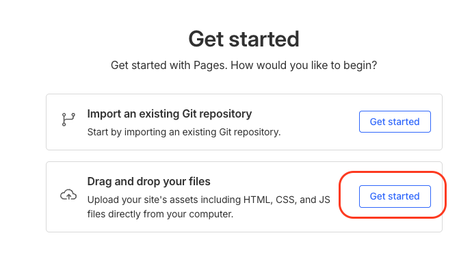 Cloudflare Pages get started with drag and drop option