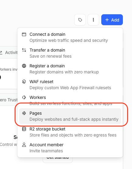Cloudflare Add menu with Pages selected